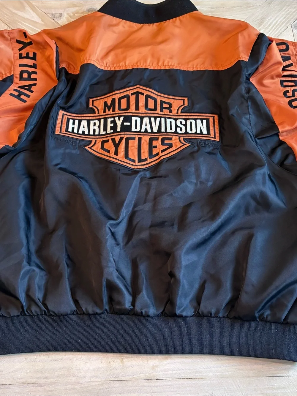 Harley-Davidson Black and Orange Varsity-Style Bomber